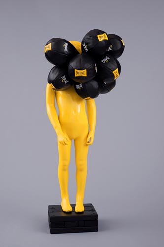 <b>Untitled (boy) - Front View</b><br>50" x 25" x 25"<br>fiberglass, plaster, wood, paint, steel, rubber, leather
